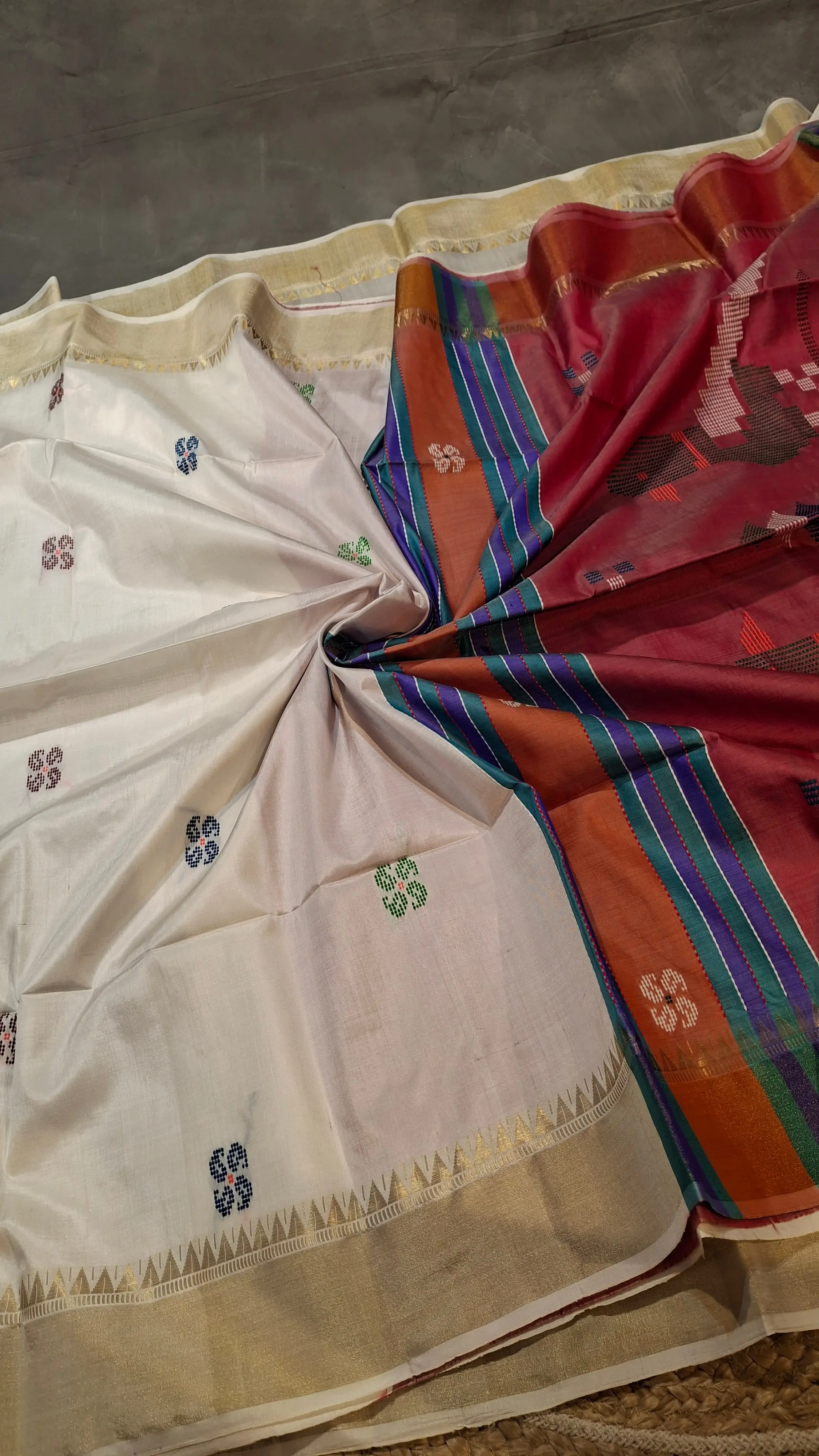Colour white body golden zari Kalachestra saree with maroon pallu