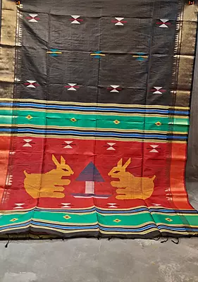 Colour Jet black body Kalashetra saree with red pallu