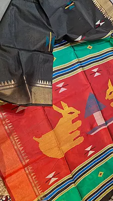 Colour Jet black body Kalashetra saree with red pallu