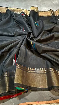 Colour Jet black body Kalashetra saree with red pallu