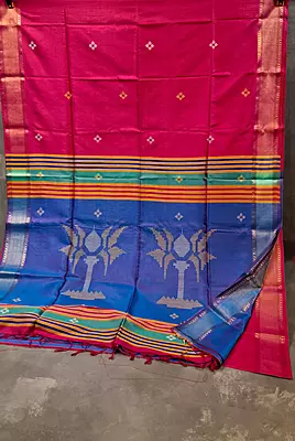 Jet rani pink body and royal blue pallu with golden zari Kalashetra saree
