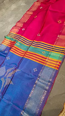 Jet rani pink body and royal blue pallu with golden zari Kalashetra saree