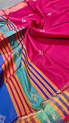 Jet rani pink body and royal blue pallu with golden zari Kalashetra saree