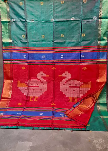 Rama green dual tone Kalashetra saree with contrast jet rani pink pallu