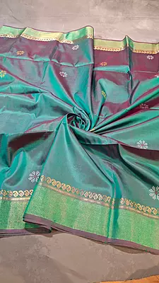 Rama green dual tone Kalashetra saree with contrast jet rani pink pallu
