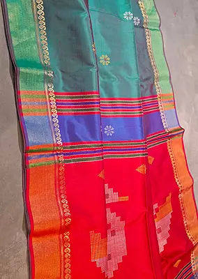 Rama green dual tone Kalashetra saree with contrast jet rani pink pallu