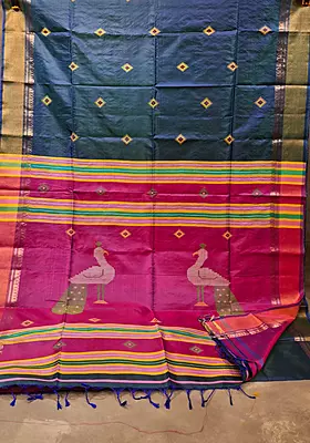 Colour navy blue green dual tone with contrast rani pink pallu Kalashetra saree