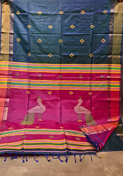Colour navy blue green dual tone with contrast rani pink pallu Kalashetra saree