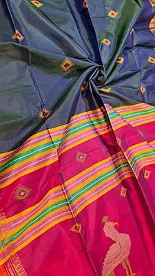 Colour navy blue green dual tone with contrast rani pink pallu Kalashetra saree