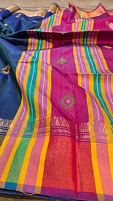 Colour navy blue green dual tone with contrast rani pink pallu Kalashetra saree
