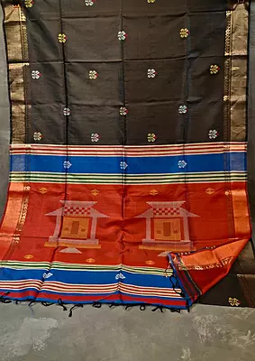 Jet black body with golden zari and contrast rust orange pallu Kalashetra saree Jet black body with golden zari and contrast rust orange pallu Kalashetra saree