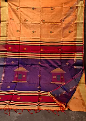 Dark peach body, golden zari Kalashetra saree with Royal blue pallu
