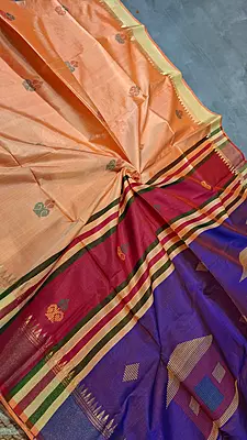 Dark peach body, golden zari Kalashetra saree with Royal blue pallu