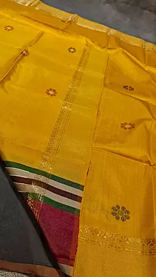 Colour turmeric yellow body, golden zari Kalashetra saree with parrot green pallu
