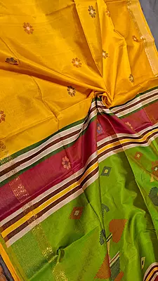 Colour turmeric yellow body, golden zari Kalashetra saree with parrot green pallu