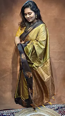 Mustard & Jet Black Semi Silk Kanjivaram Saree with Contrast Blouse Piece