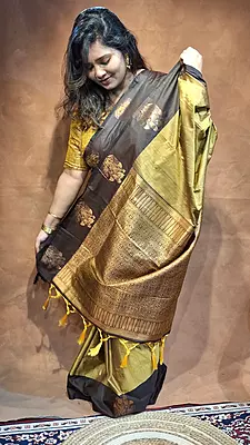 Mustard & Jet Black Semi Silk Kanjivaram Saree with Contrast Blouse Piece