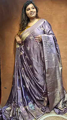 Smokey Lavender Mashroo Banarasi Semi Silk Saree with Multicolour Meena Work