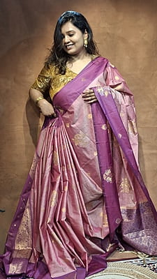 Pink Semi Silk Banarasi Saree with Purple Border & Gold Zari Buta