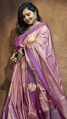 Pink Semi Silk Banarasi Saree with Purple Border & Gold Zari Buta
