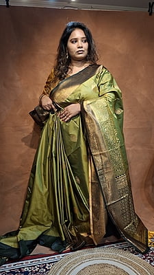 Olive Green Semi Silk Banarasi Saree with Dark Green Border & Gold Zari Buta