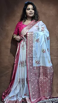 Ivory White Semi Silk Banarasi Saree with Rose Pink Border & Gold Zari Buta Ivory White Semi Silk Banarasi Saree with Rose Pink Border & Gold Zari Buta