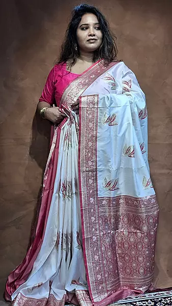 Ivory White Semi Silk Banarasi Saree with Rose Pink Border & Gold Zari Buta