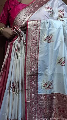 Ivory White Semi Silk Banarasi Saree with Rose Pink Border & Gold Zari Buta