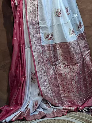 Ivory White Semi Silk Banarasi Saree with Rose Pink Border & Gold Zari Buta