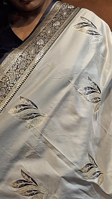 Ivory White Semi Silk Banarasi Saree with Slate Blue Border & Silver Zari Weaving