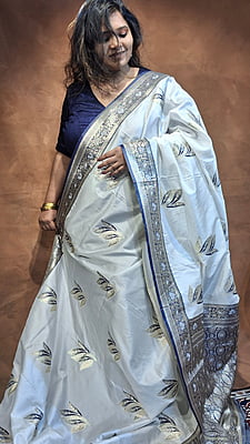 Ivory White Semi Silk Banarasi Saree with Slate Blue Border & Silver Zari Weaving Ivory White Semi Silk Banarasi Saree with Slate Blue Border & Silver Zari Weaving