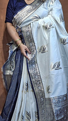 Ivory White Semi Silk Banarasi Saree with Slate Blue Border & Silver Zari Weaving
