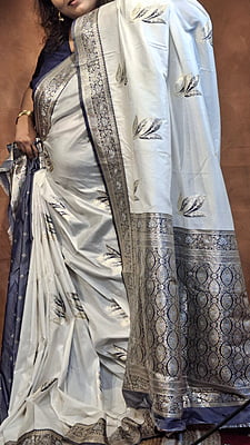 Ivory White Semi Silk Banarasi Saree with Slate Blue Border & Silver Zari Weaving