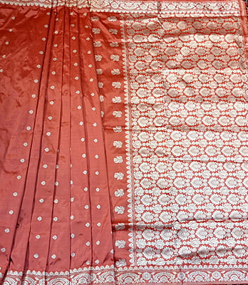 Dark Peach Assam Paat Silk Saree with White Woven Motifs Pure Silk
