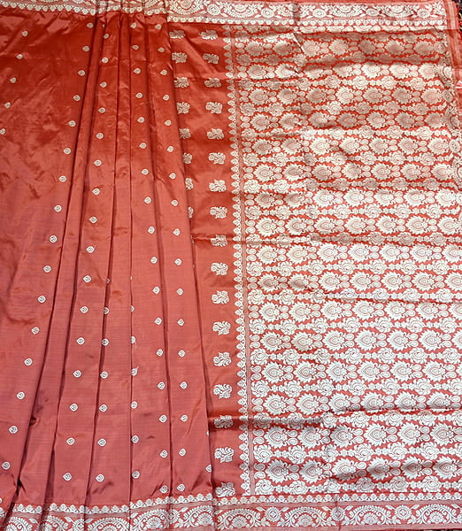 Dark Peach Assam Paat Silk Saree with White Woven Motifs Pure Silk