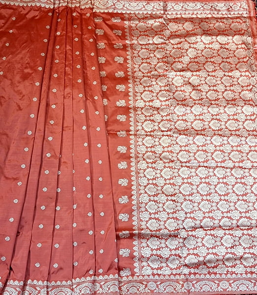 Dark Peach Assam Paat Silk Saree with White Woven Motifs Pure Silk Dark Peach Assam Paat Silk Saree with White Woven Motifs Pure Silk