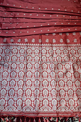 Dark Peach Assam Paat Silk Saree with White Woven Motifs Pure Silk