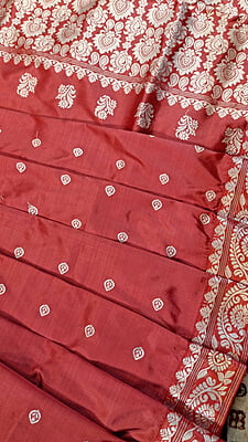 Dark Peach Assam Paat Silk Saree with White Woven Motifs Pure Silk