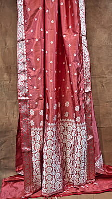 Dark Peach Assam Paat Silk Saree with White Woven Motifs Pure Silk