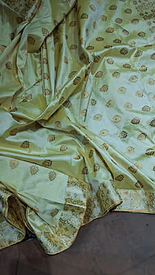 Luxury Assam Paat Silk Saree in Light Lemon with Orange Meena & Guna Zari