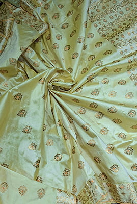 Luxury Assam Paat Silk Saree in Light Lemon with Orange Meena & Guna Zari