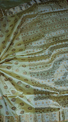 Luxury Assam Paat Silk Saree in Light Lemon with Orange Meena & Guna Zari