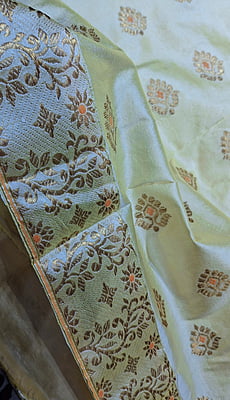 Luxury Assam Paat Silk Saree in Light Lemon with Orange Meena & Guna Zari