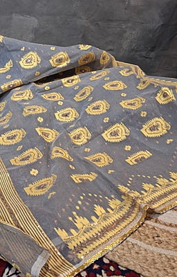 Steel Grey Jamdani Saree with Yellow & Golden Katdana Work Steel Grey Jamdani Saree with Yellow & Golden Katdana Work