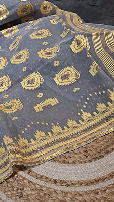 Steel Grey Jamdani Saree with Yellow & Golden Katdana Work Steel Grey Jamdani Saree with Yellow & Golden Katdana Work