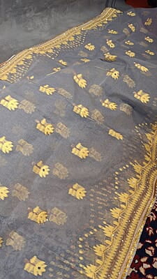 Steel Grey Jamdani Saree with Yellow & Golden Katdana Work Steel Grey Jamdani Saree with Yellow & Golden Katdana Work