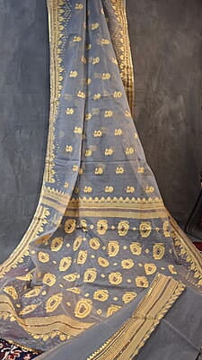 Steel Grey Jamdani Saree with Yellow & Golden Katdana Work Steel Grey Jamdani Saree with Yellow & Golden Katdana Work