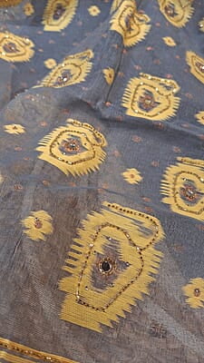 Steel Grey Jamdani Saree with Yellow & Golden Katdana Work Steel Grey Jamdani Saree with Yellow & Golden Katdana Work