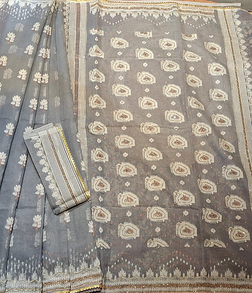 Grey Jamdani Saree with White & Golden Katdana Work Grey Jamdani Saree with White & Golden Katdana Work