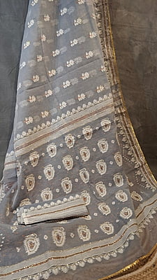 Grey Jamdani Saree with White & Golden Katdana Work Grey Jamdani Saree with White & Golden Katdana Work
